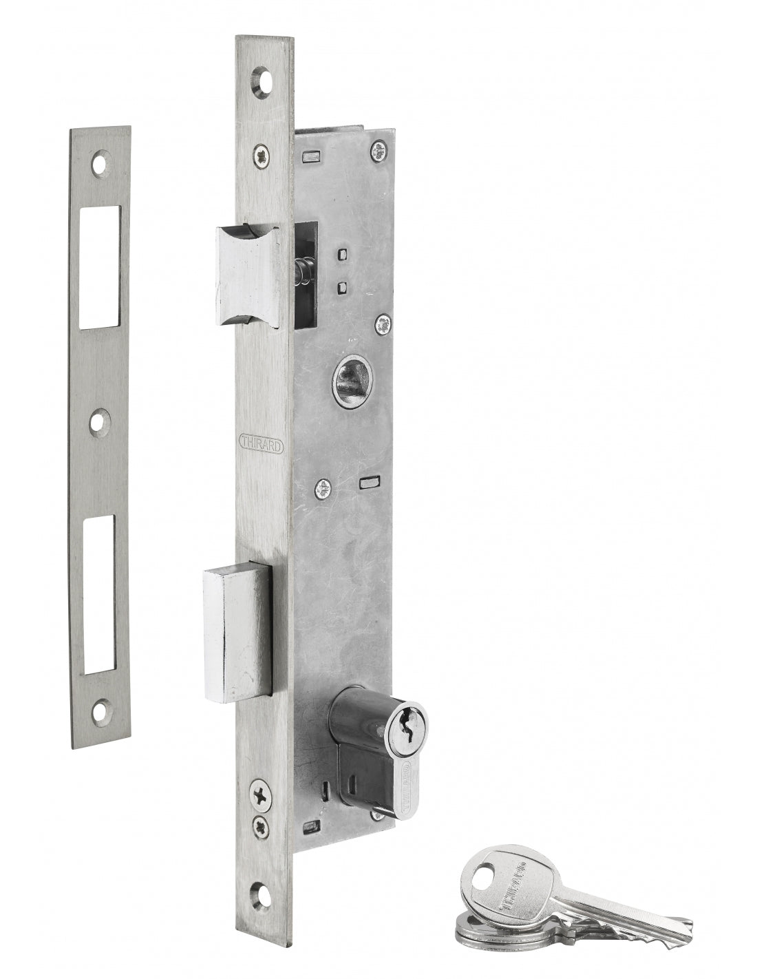 Serratura da incasso con cilindro per infissi in metallo, asse 24mm, L 39, piastra quadra, cilindro 30x30mm, acciaio inossidabile, 3 chiavi - THIRARD