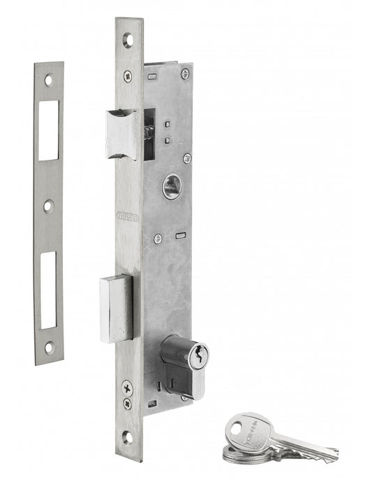 Serratura da incasso con cilindro per infissi in metallo, asse 24mm, L 39, piastra quadra, cilindro 30x30mm, acciaio inossidabile, 3 chiavi - THIRARD