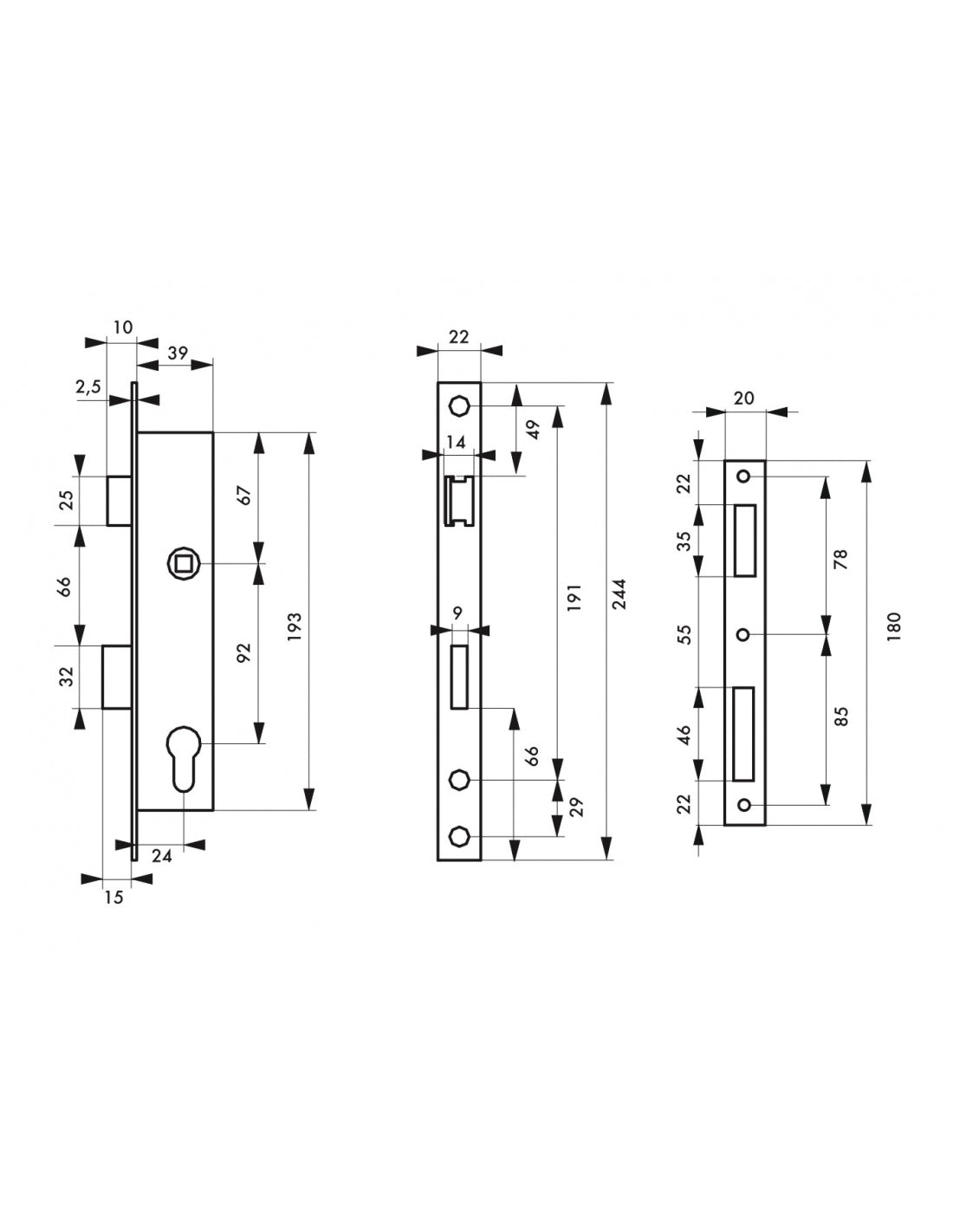 Serratura da incasso con cilindro per infissi in metallo, asse 24mm, L 39, piastra quadra, cilindro 30x30mm, acciaio inossidabile, 3 chiavi - THIRARD