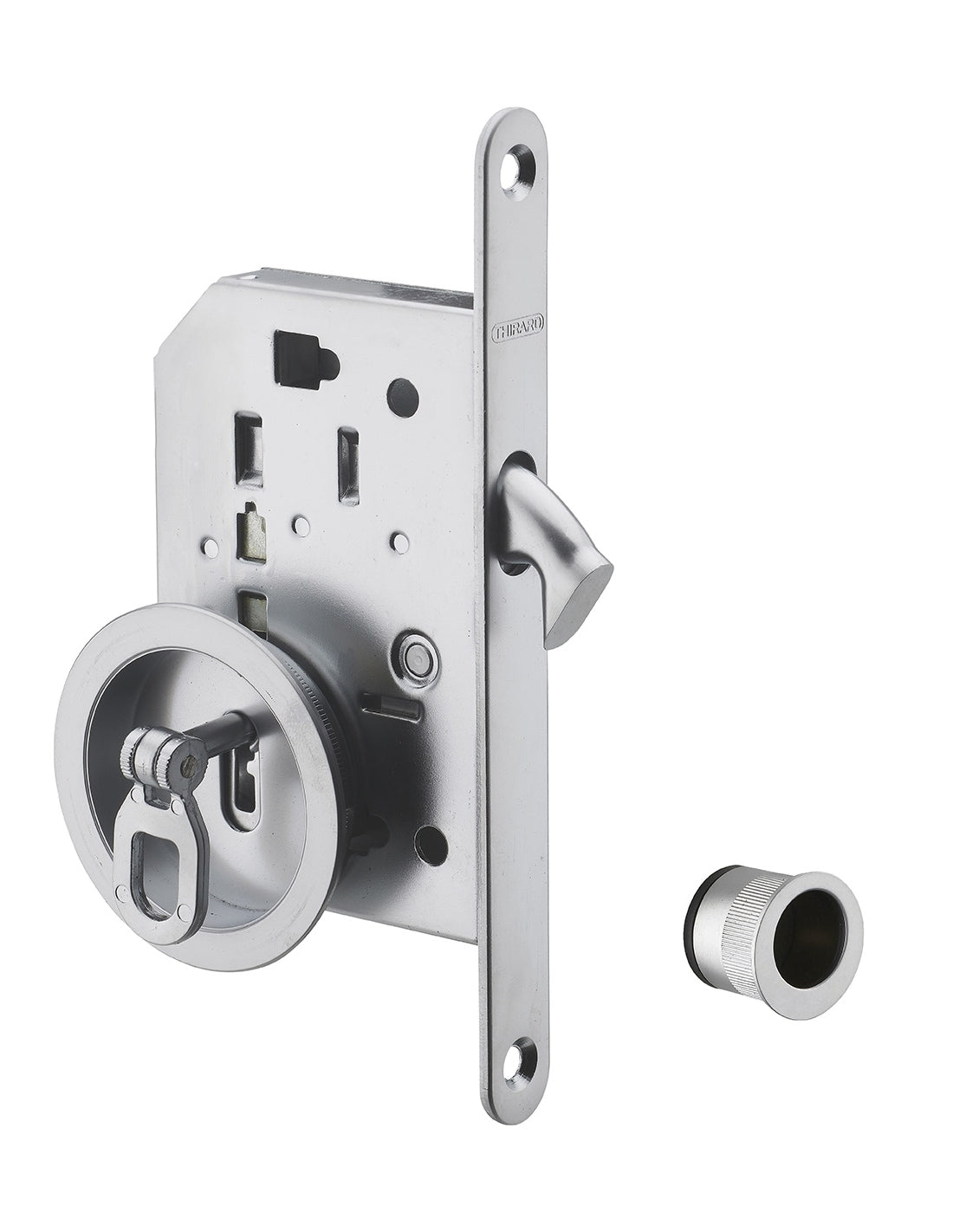Serratura da incasso per porta scorrevole con chiave e nottolino a gancio, maniglia tonda, nichel - THIRARD