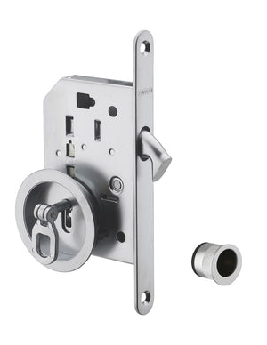 Serratura da incasso per porta scorrevole con chiave e nottolino a gancio, maniglia tonda, nichel - THIRARD