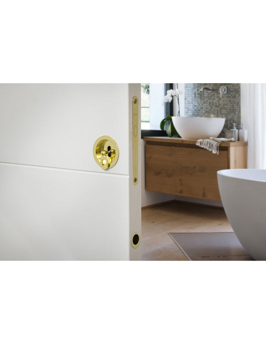 Serratura da incasso per porta scorrevole con chiave e nottolino a gancio, dorato - THIRARD