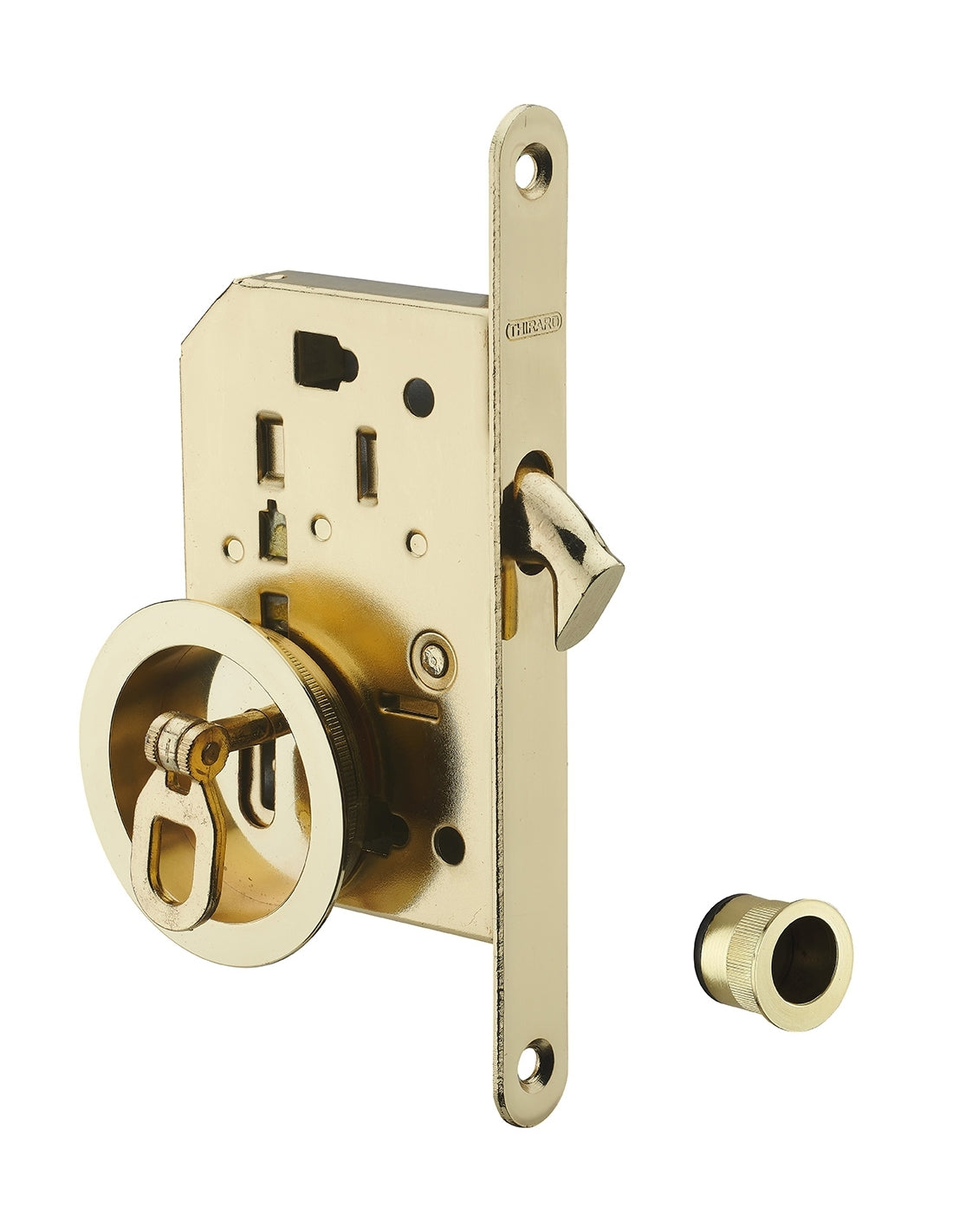 Serratura da incasso per porta scorrevole con chiave e nottolino a gancio, dorato - THIRARD