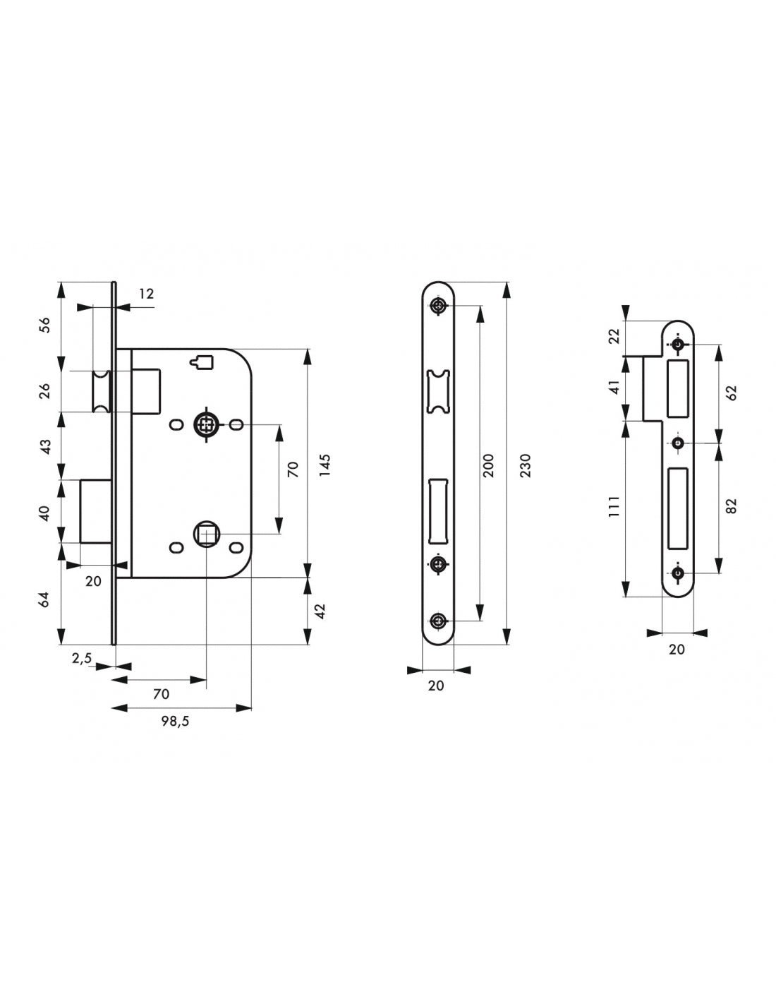 Serratura da incasso per bagno e WC, asse da 70 mm, estremità arrotondate, ottone lucido - THIRARD