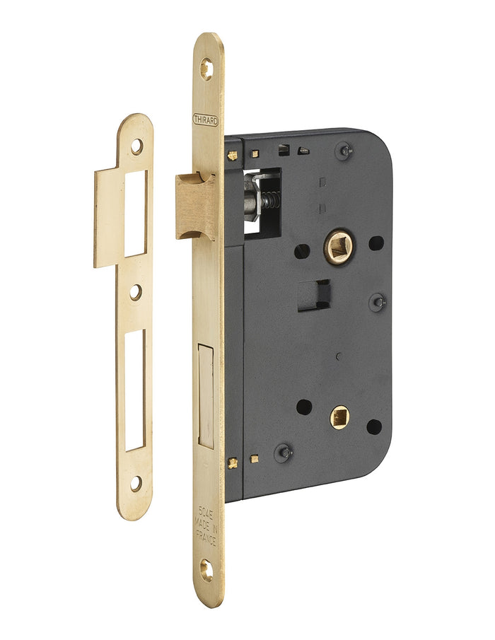 Serratura da incasso per bagno e WC, asse 60mm, estremità  arrotondate, ottone spazzolato - THIRARD