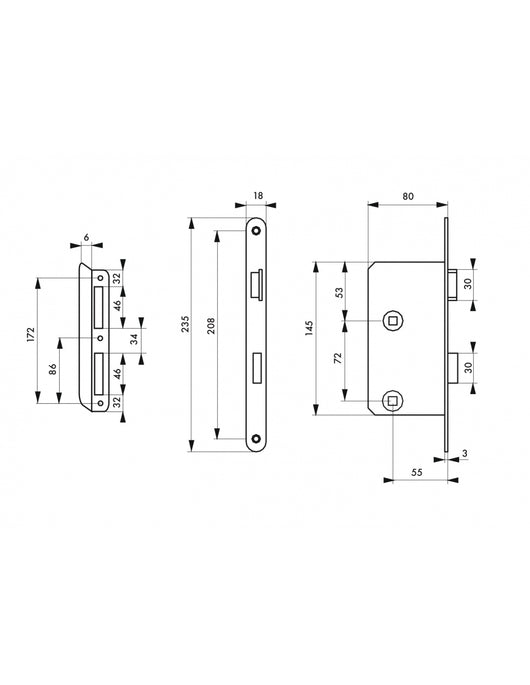 Serratura da incasso per bagno e WC, destra, catenaccio da 55 mm, estremità arrotondate, acciaio verniciato - THIRARD