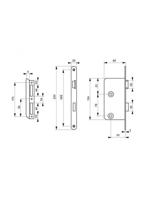 Serratura da incasso per bagno e WC, destra, asse 55mm, estremità  arrotondate - THIRARD