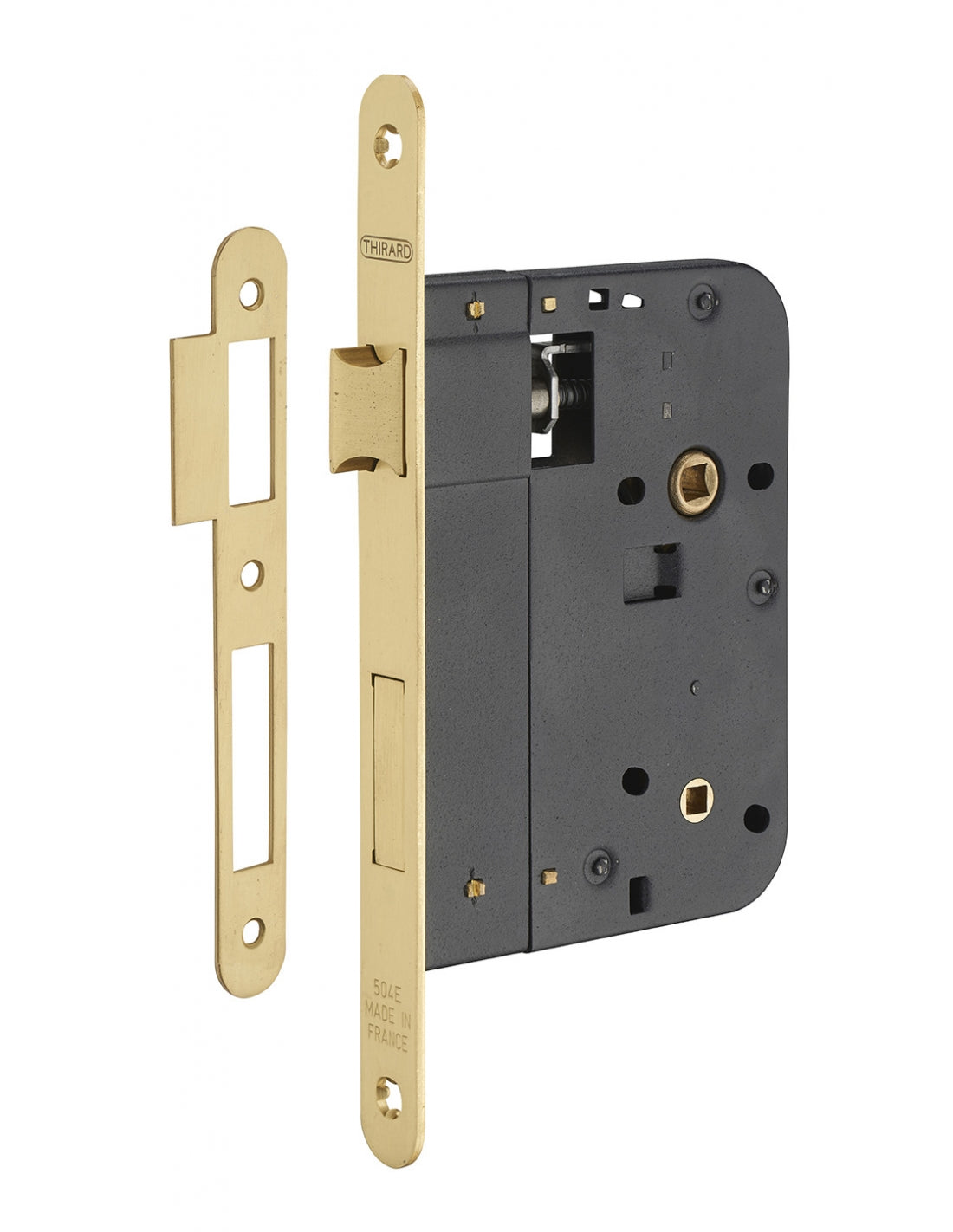 Serratura da incasso per bagno e WC, asse da 80 mm, estremità  arrotondate, ottone lucido - THIRARD