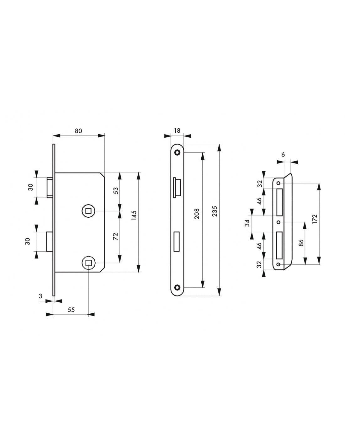 Serratura da incasso per bagno e WC, sinistra, catenaccio da 55 mm, estremità arrotondate, acciaio verniciato - THIRARD