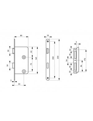 Serratura da incasso per bagno e WC, sinistra, catenaccio da 55 mm, estremità arrotondate, acciaio verniciato - THIRARD