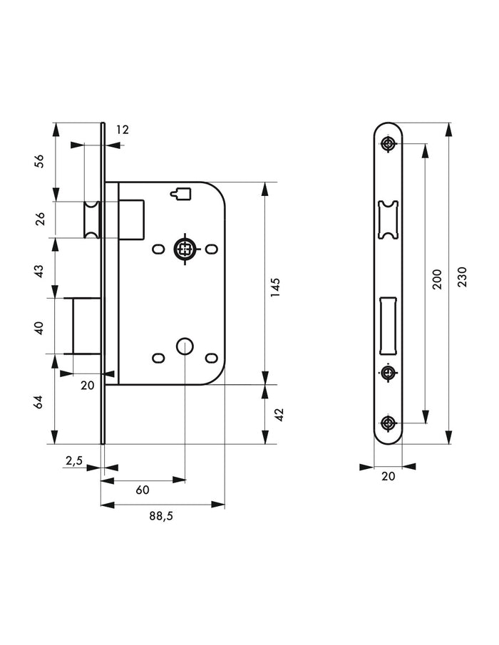 Serratura da incasso per porte interne, asse 60mm, piastra tonda, nero - THIRARD