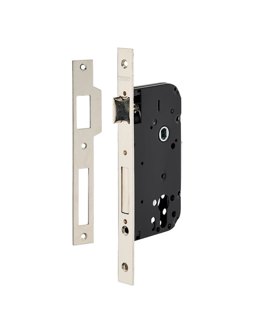 Serratura da infilare a cilindro europeo, asse 50x70 mm, 4 catenacci, piastre estremità tonde, nichelato - THIRARD