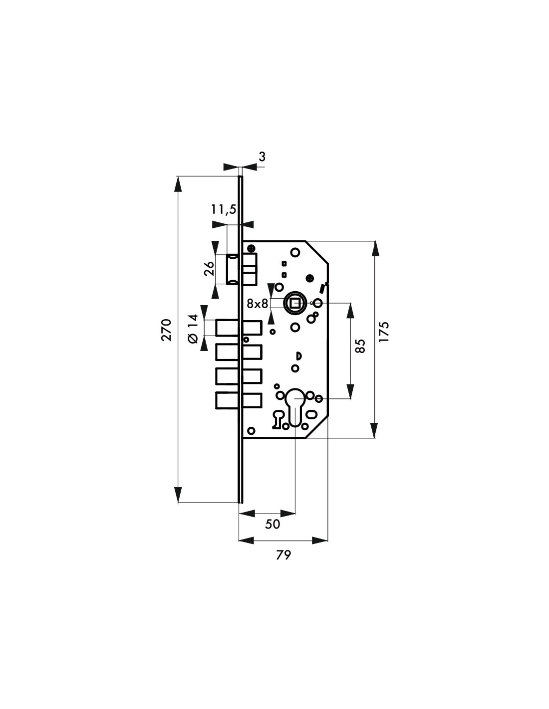 Serratura da incasso a cilindro europeo europeo, asse 50x85mm con defender, piastra quadra, cromato - THIRARD