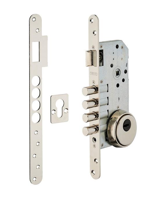 Serratura da incasso a cilindro europeo europeo, asse 50x85mm con defender, piastra quadra, cromato - THIRARD