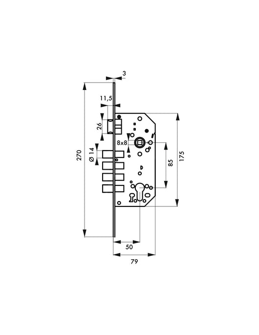 Serratura da incasso a cilindro europeo europeo, asse 50x85mm con defender, oro - THIRARD
