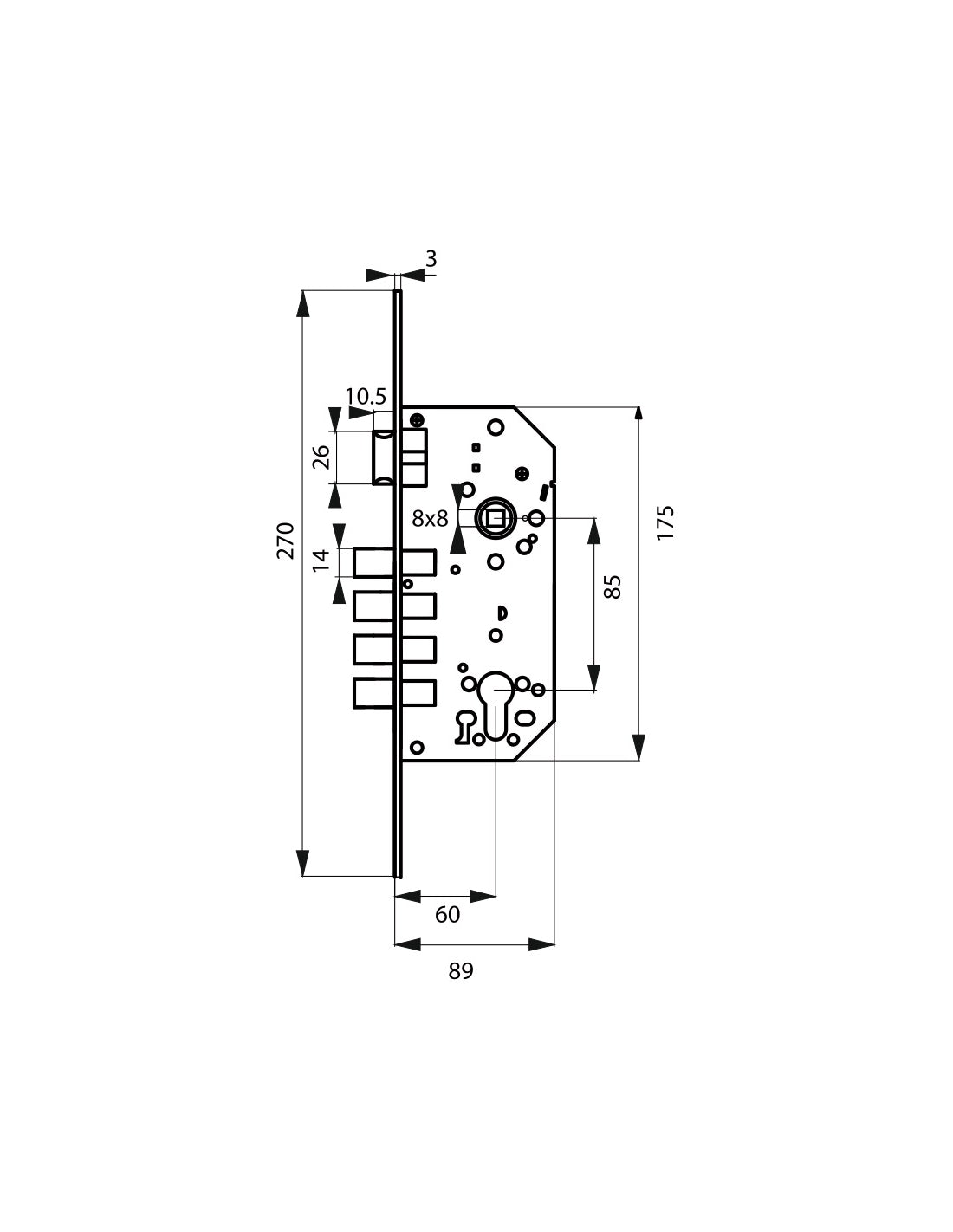 Serratura da incasso a cilindro europeo europeo, asse 60x85mm con borchia, cromato - THIRARD