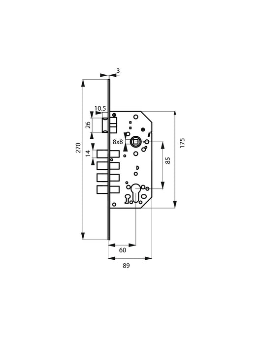 Serratura da incasso a cilindro europeo europeo, asse 60x85mm con borchia, cromato - THIRARD