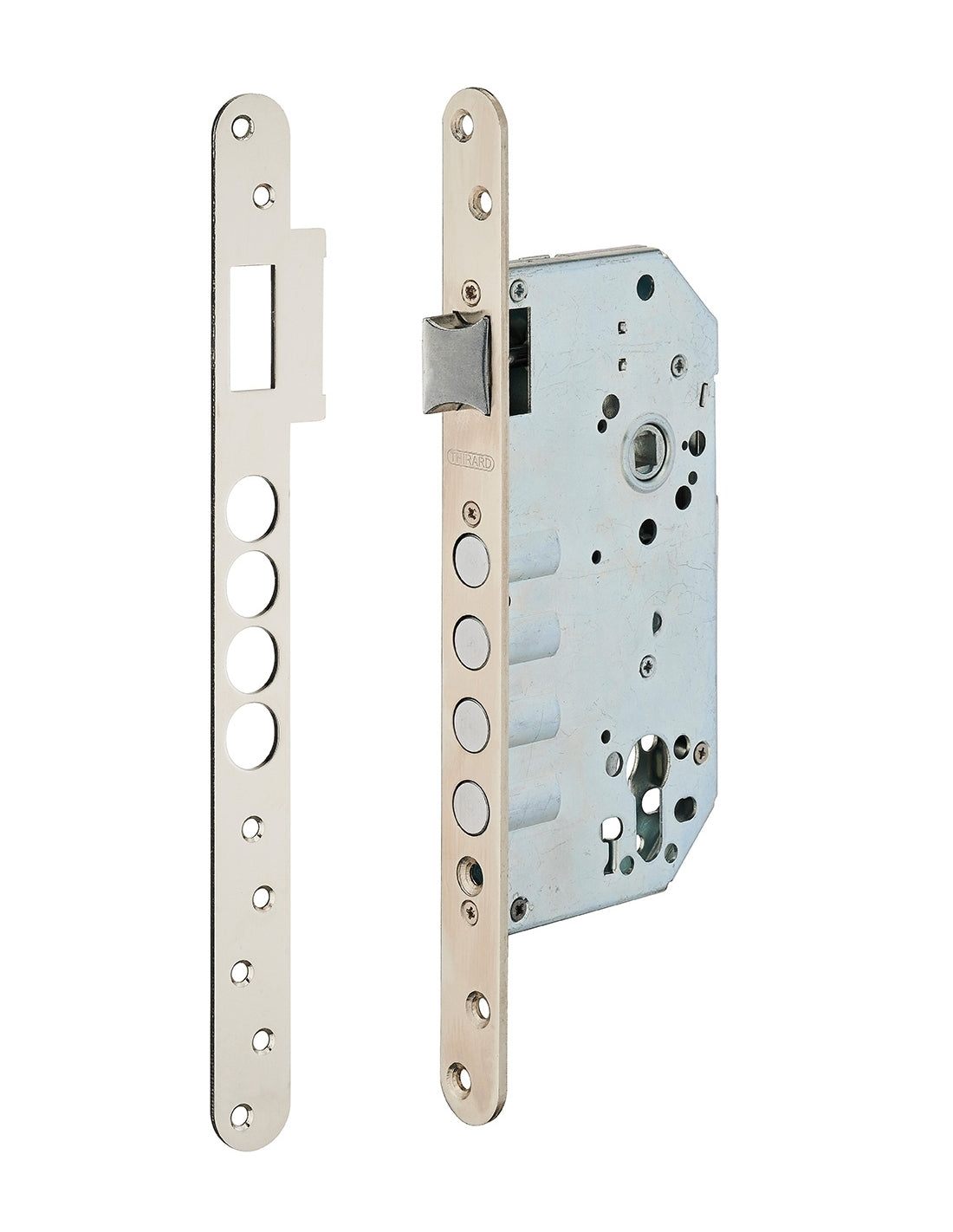 Serratura da incasso a cilindro europeo europeo, asse 60x85mm con borchia, cromato - THIRARD
