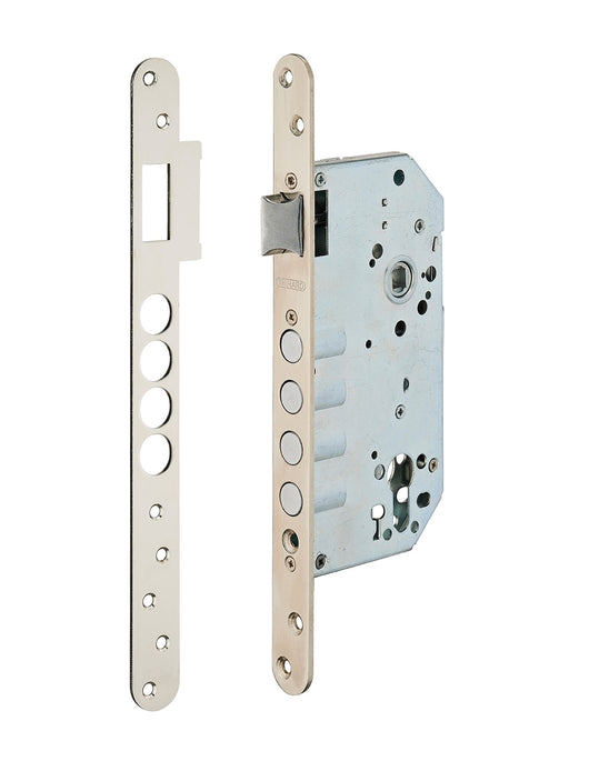 Serratura da incasso a cilindro europeo europeo, asse 60x85mm con borchia, cromato - THIRARD