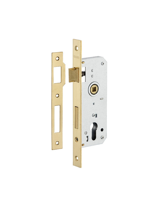 Serratura da infilare a cilindro per porta d'ingresso, asse 50 mm, 4 catenacci, piastre estremità tonde, ottone - THIRARD