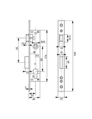 Serratura da incasso a cilindro europeo per infissi in metallo, asse 25mm, piastra quadra, zincato - THIRARD