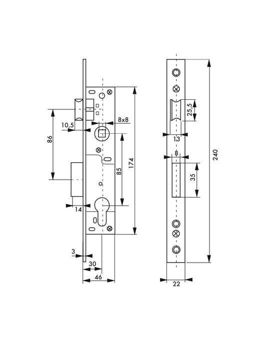 Serratura da incasso a cilindro europeo per infissi in metallo, asse 30mm, piastra quadra, zincato - THIRARD