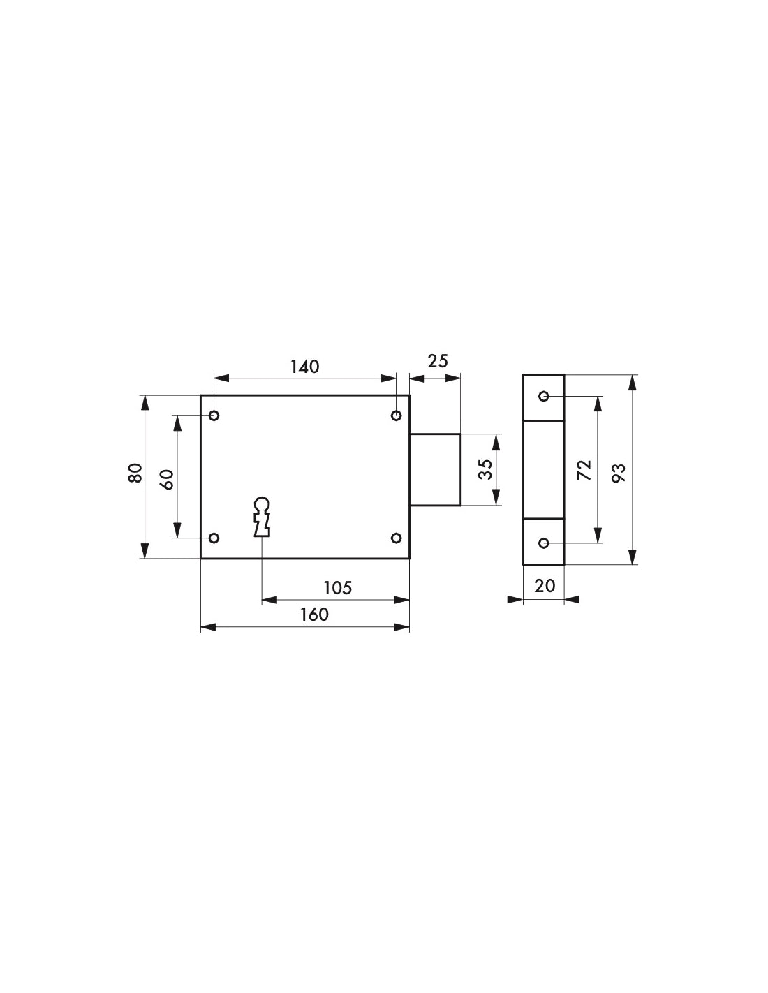 Serratura orizzontale da applicare con chiave per porta di cantina, solo catenaccio, destra, asse 105mm, 160x80mm, nero, 1 chiave - THIRARD