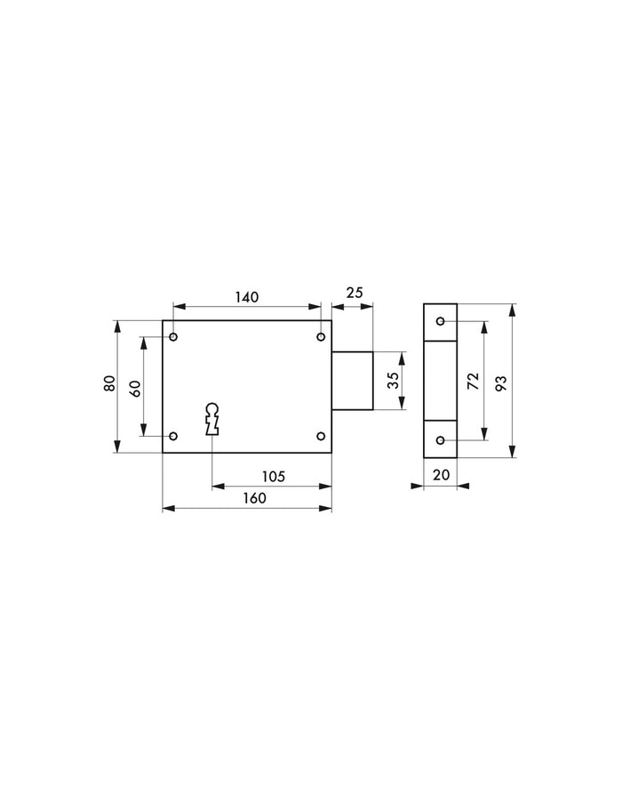 Serratura orizzontale da applicare con chiave per porta di cantina, solo catenaccio, destra, asse 105mm, 160x80mm, nero, 1 chiave - THIRARD