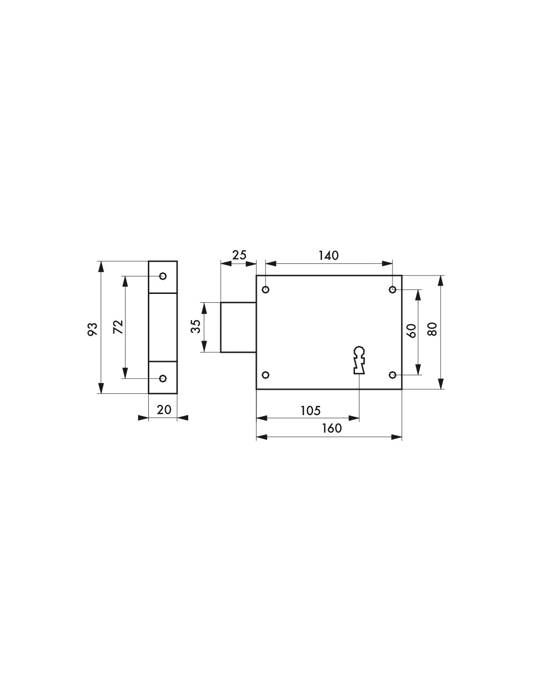 Serratura orizzontale da applicare con chiave per porta di cantina, solo catenaccio, sinistra, asse 105mm, 160x80mm, nero, 1 chiave - THIRARD