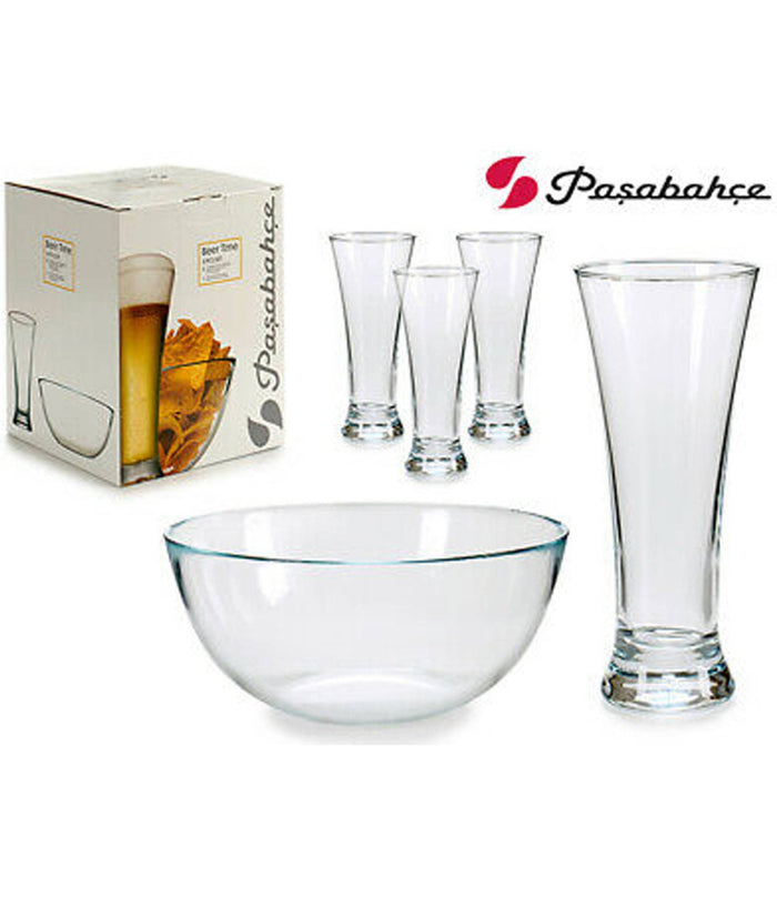 Servizio Set 5 Pezzi Ciotola Vetro 22 Cm + 4 Bicchieri Birra Pub Aperitivo Bar         