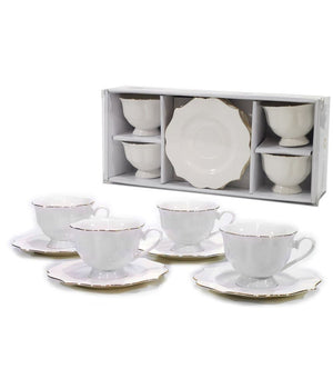 Servizio Te' 4 Piattini + 4 Tazze 16 Cl Modello Lyanna Fine Porcellana Bianca         
