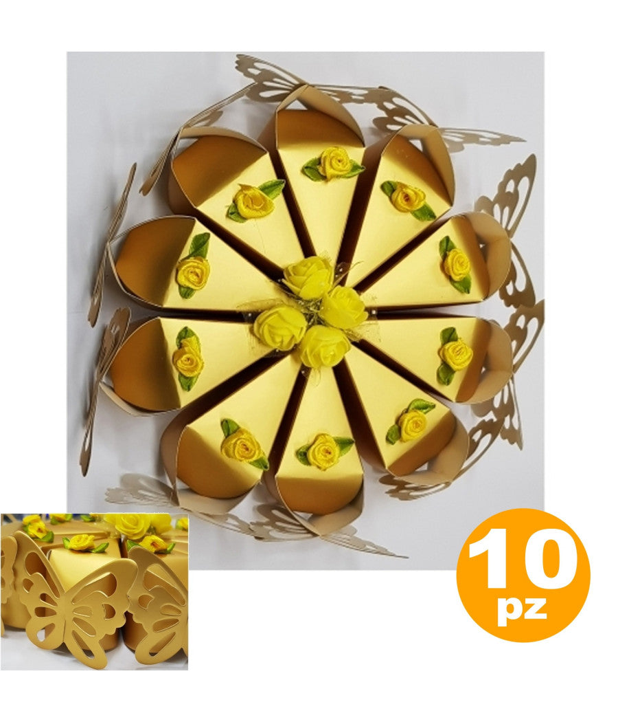 Set 10 Bomboniera Bomboniere Scatolina Spicchi Torta Oro Farfalla Portaconfetti         