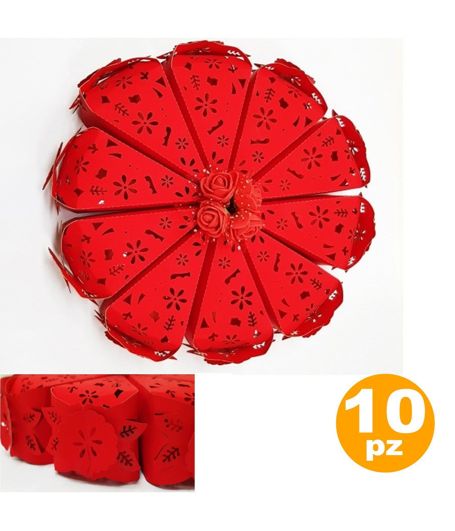 Set 10 Bomboniera Bomboniere Scatolina Spicchi Torta Rosso Fiore Portaconfetti         