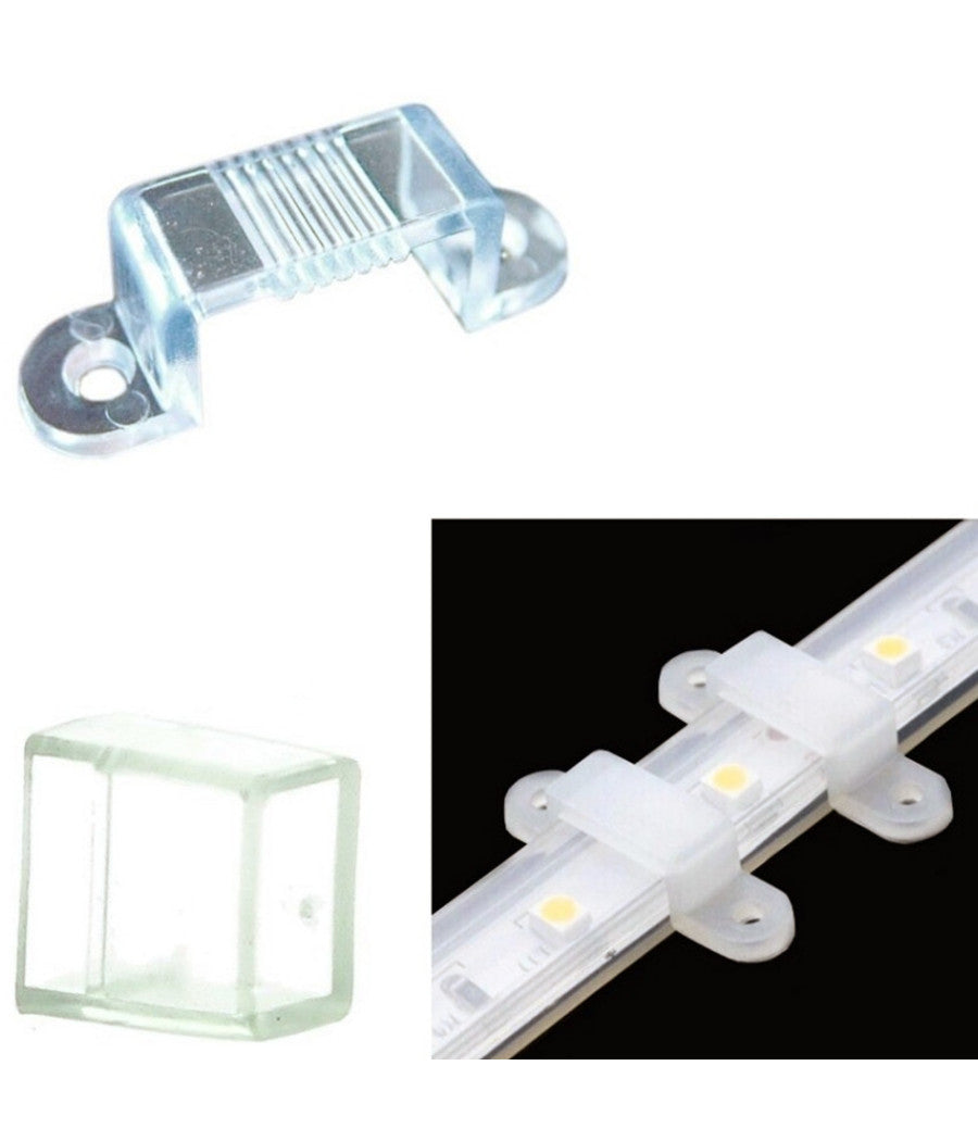 Set 10 Clip + 2 Connettori Gommini Chiusura Striscia Led Bobina Impermeabile 12mm Viti         