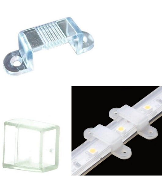 Set 10 Clip + 2 Connettori Gommini Chiusura Striscia Led Bobina Impermeabile 12mm Viti         