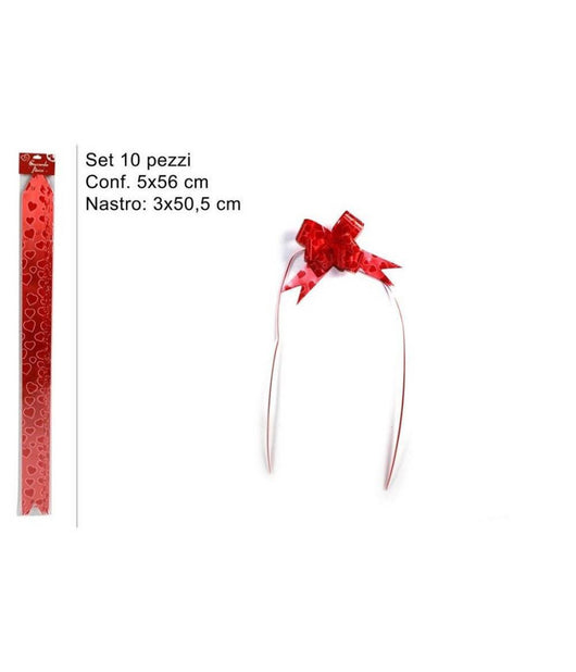 Set 10 Pezzi Coccarda Fiocco Con Cuori Rossi Nastro Autotiranti 50,5 X 3 Cm         