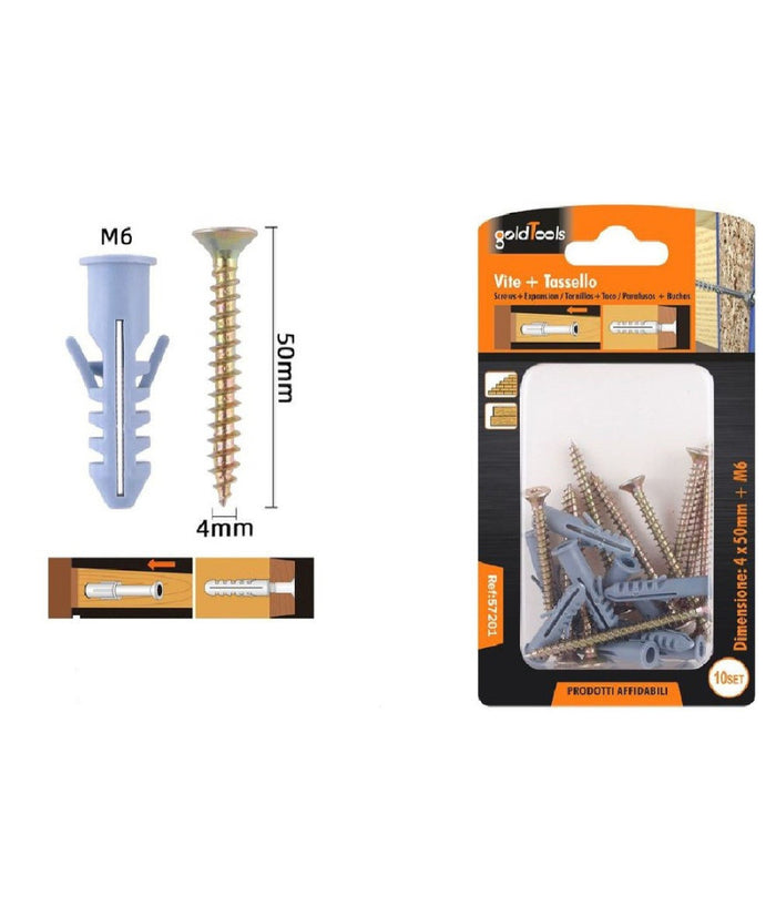Set 10 Pezzi Viti Vite 4 X 50 Mm + Tasselli Con Alette Tassello M6 Fischer 57201         