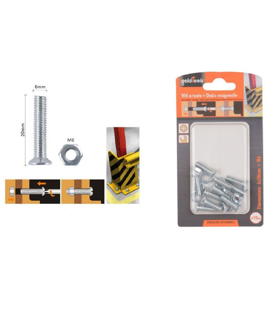 Set 10 Pezzi Viti Vite A Testa A Croce Piatta 6x20mm Con Dado Esagonale M6 90943         