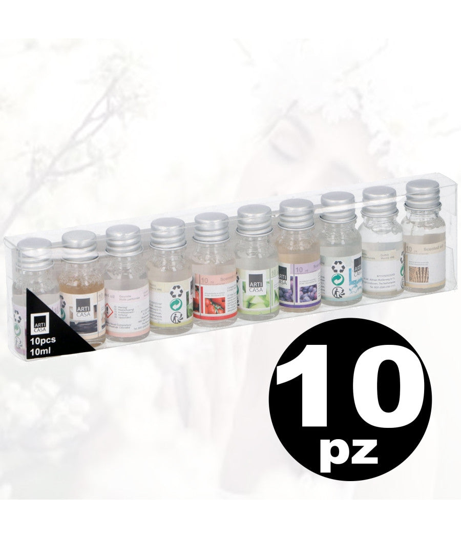 Set 10 Profumatori Ambiente Ricarica Olio Profumo 10ml Assortiti Per Bruciatore         