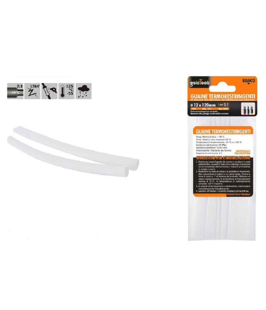 Set 10 Pz Guaine Termorestringenti Termoretrattili Bianche 12x120 Mm Cavi 57071         