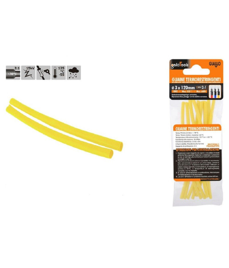 Set 10 Pz Guaine Termorestringenti Termoretrattili Gialle 3x120mm Per Cavi 57087         