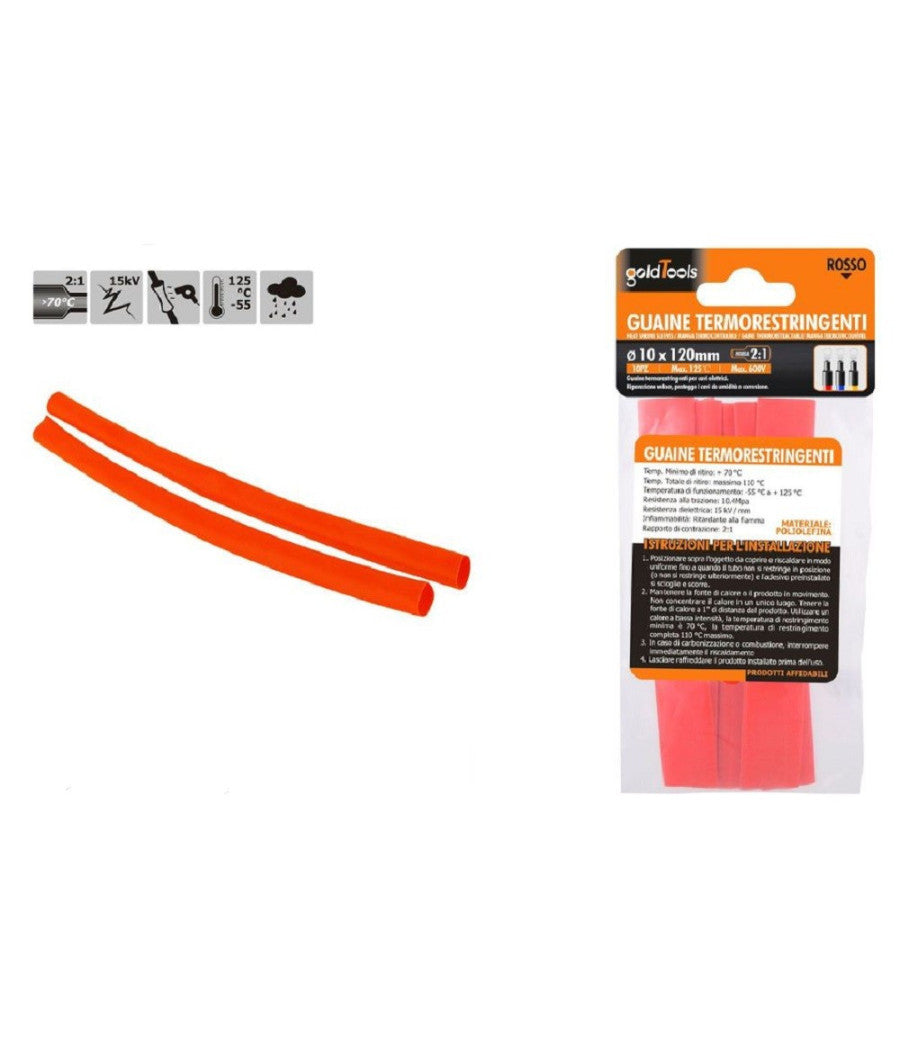 Set 10 Pz Guaine Termorestringenti Termoretrattili Rosse 10x120mm Per Cavi 57085         