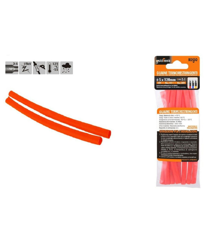 Set 10 Pz Guaine Termorestringenti Termoretrattili Rosse 5x120 Mm Per Cavi 57083         
