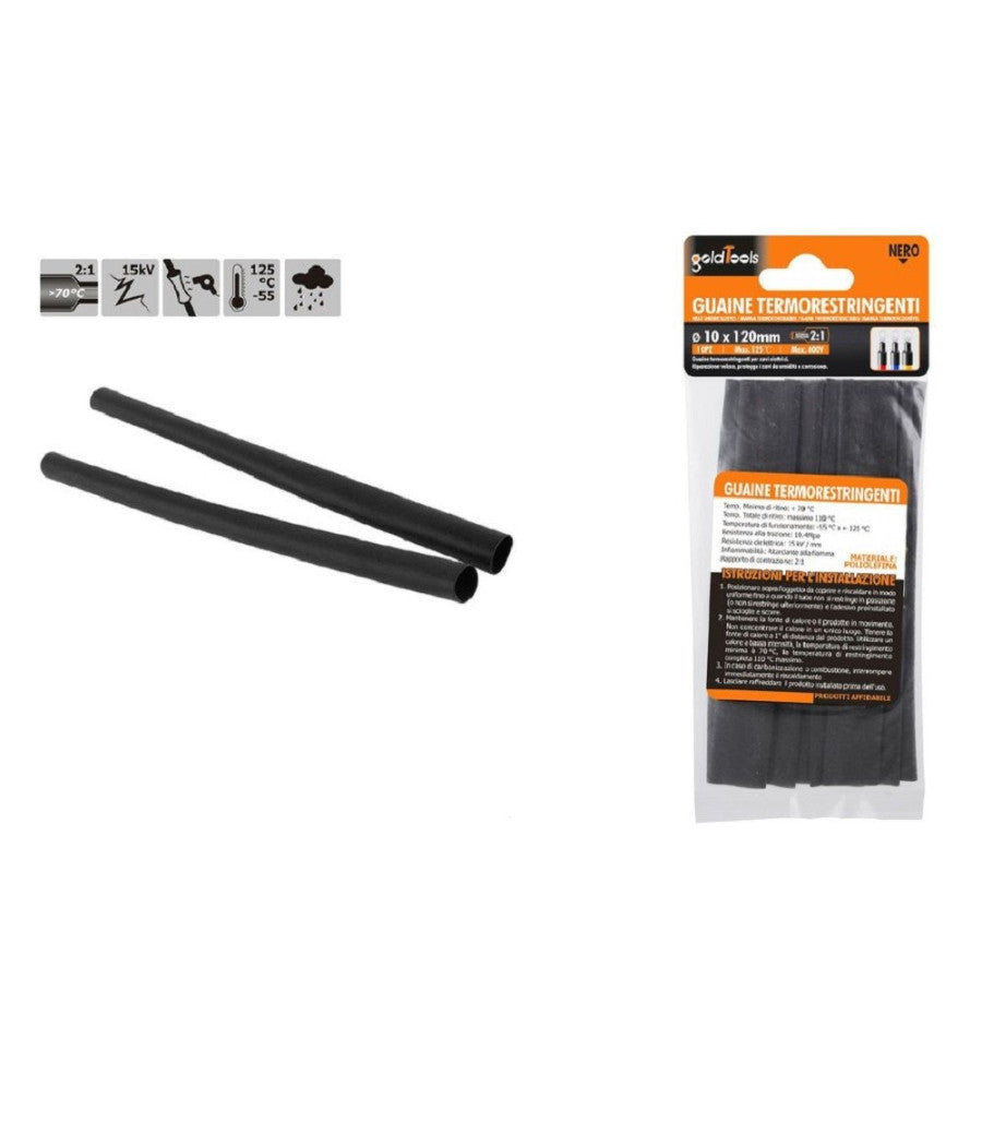 Set 10 Pz Guaine Termorestringenti Tubi Termoretrattili Neri 10x120mm Cavi 57065         