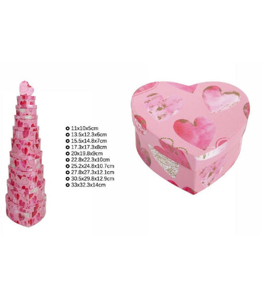 Set 10 Pz Scatole Box Regali Varie Misure Matrioska Forma Cuore Rosa Cuori 71965         