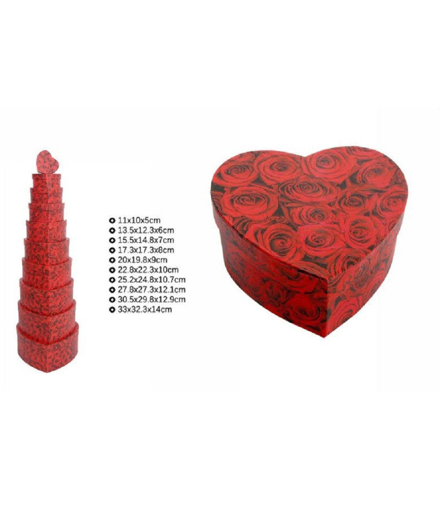 Set 10 Pz Scatole Box Regali Varie Misure Matrioska Forma Cuore Rose Rosse 71967         