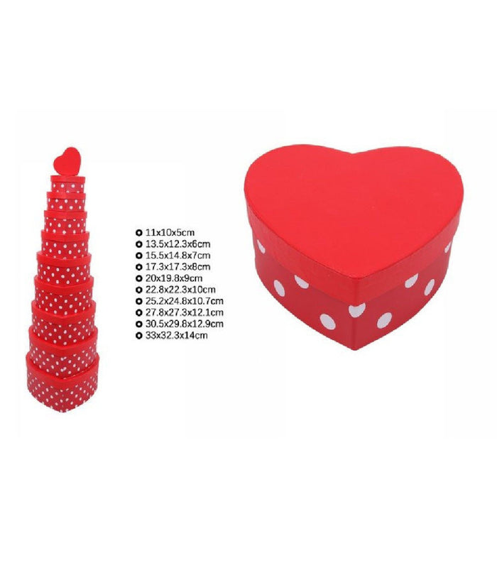 Set 10 Pz Scatole Box Regali Varie Misure Matrioska Forma Cuore Rosso Pois 71953         