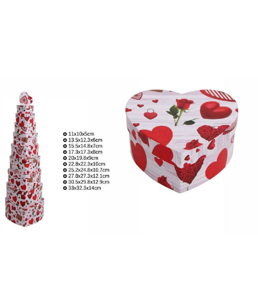 Set 10 Pz Scatole Regali Varie Misure Matrioska Forma Cuore Fantasia Cuori 71971         