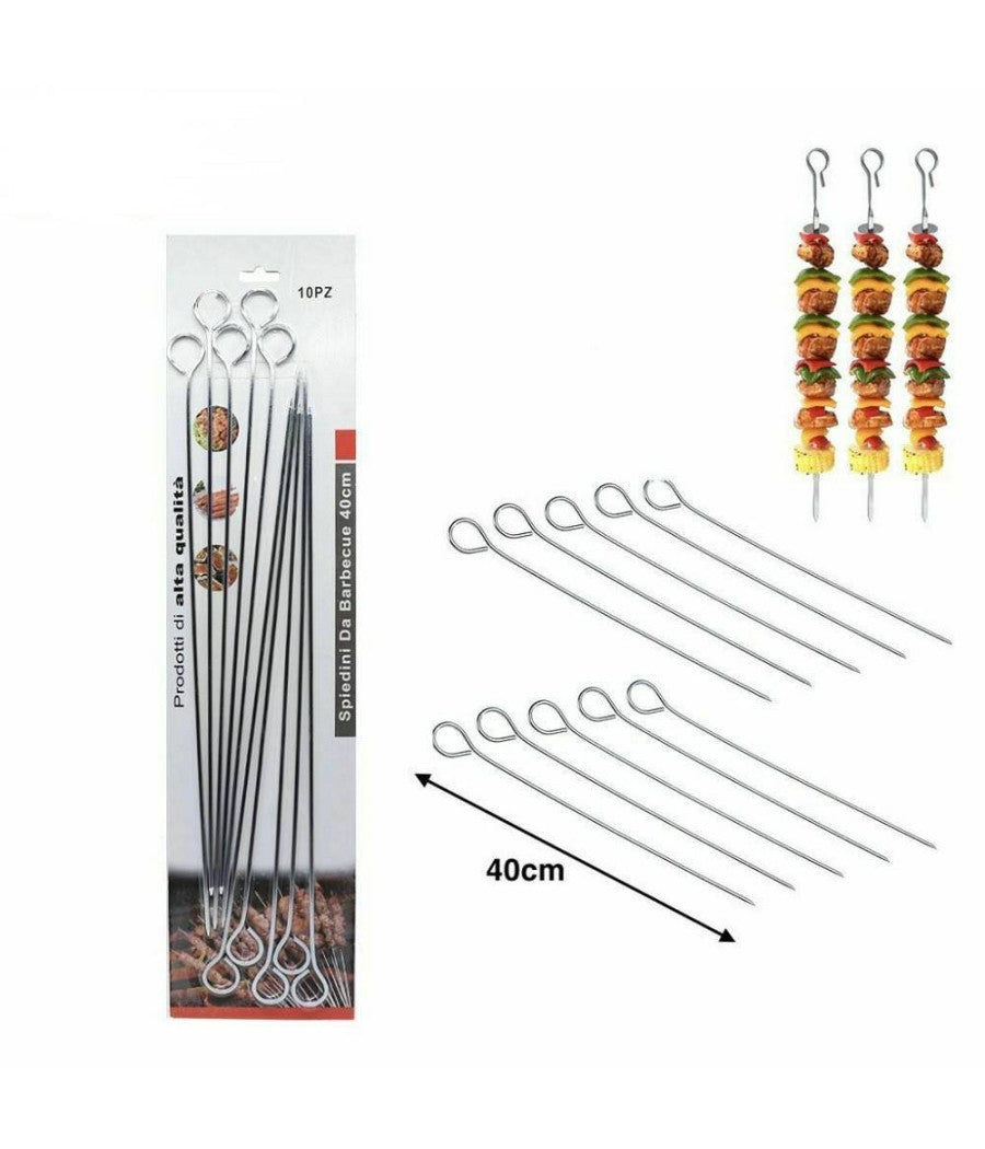Set 10 Pz Spiedini In Acciaio Per Barbecue Bbq Piastra Cucina Lunghezza 40cm         