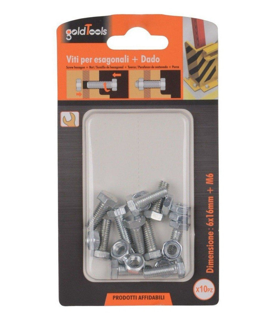 Set 10 Pz Vite Viti Per Esterno A Testa Esagonali 6x16mm Con Dadi Dado M6 90914         